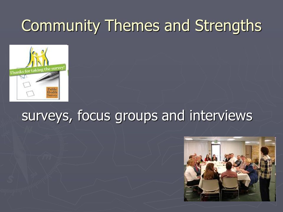 Community Themes and Strengths surveys, focus groups and interviews