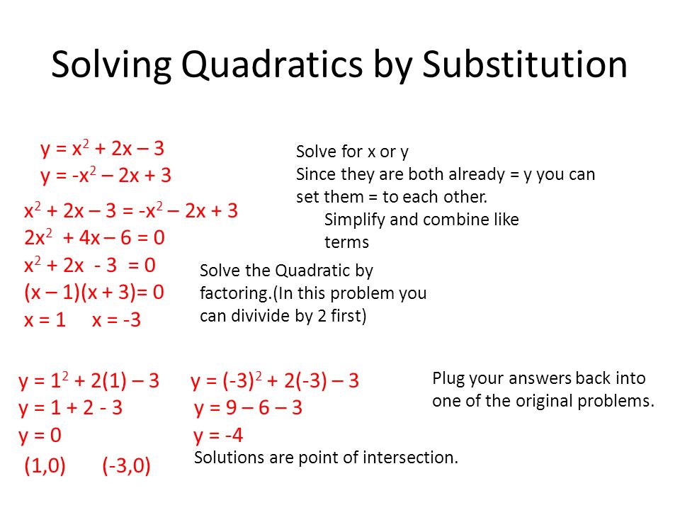 Solving Quadratics By Substitution Y 2 X 6 0 X Y 0 Solve For X Or Y Plug In The Expression For Y Simplify And Combine Like Terms Solve The Quadratic Ppt Download