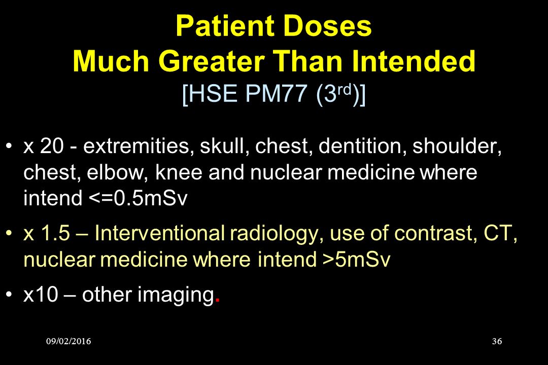 09/02/ Patient Doses Much Greater Than Intended [HSE PM77 (3 rd )] x 20 - extremities, skull, chest, dentition, shoulder, chest, elbow, knee and nuclear medicine where intend <=0.5mSv x 1.5 – Interventional radiology, use of contrast, CT, nuclear medicine where intend >5mSv x10 – other imaging.