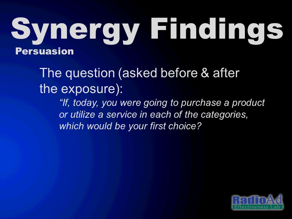 Synergy Findings Persuasion The question (asked before & after the exposure): If, today, you were going to purchase a product or utilize a service in each of the categories, which would be your first choice