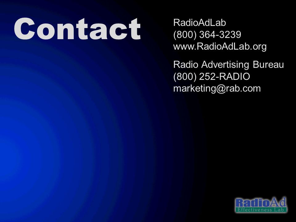 Contact RadioAdLab (800) Radio Advertising Bureau (800) 252-RADIO