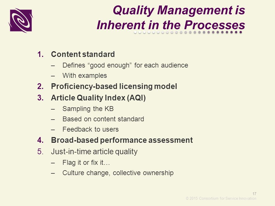 Quality Management is Inherent in the Processes 1.Content standard –Defines good enough for each audience –With examples 2.Proficiency-based licensing model 3.Article Quality Index (AQI) –Sampling the KB –Based on content standard –Feedback to users 4.Broad-based performance assessment 5.Just-in-time article quality –Flag it or fix it… –Culture change, collective ownership 17 © 2015 Consortium for Service Innovation