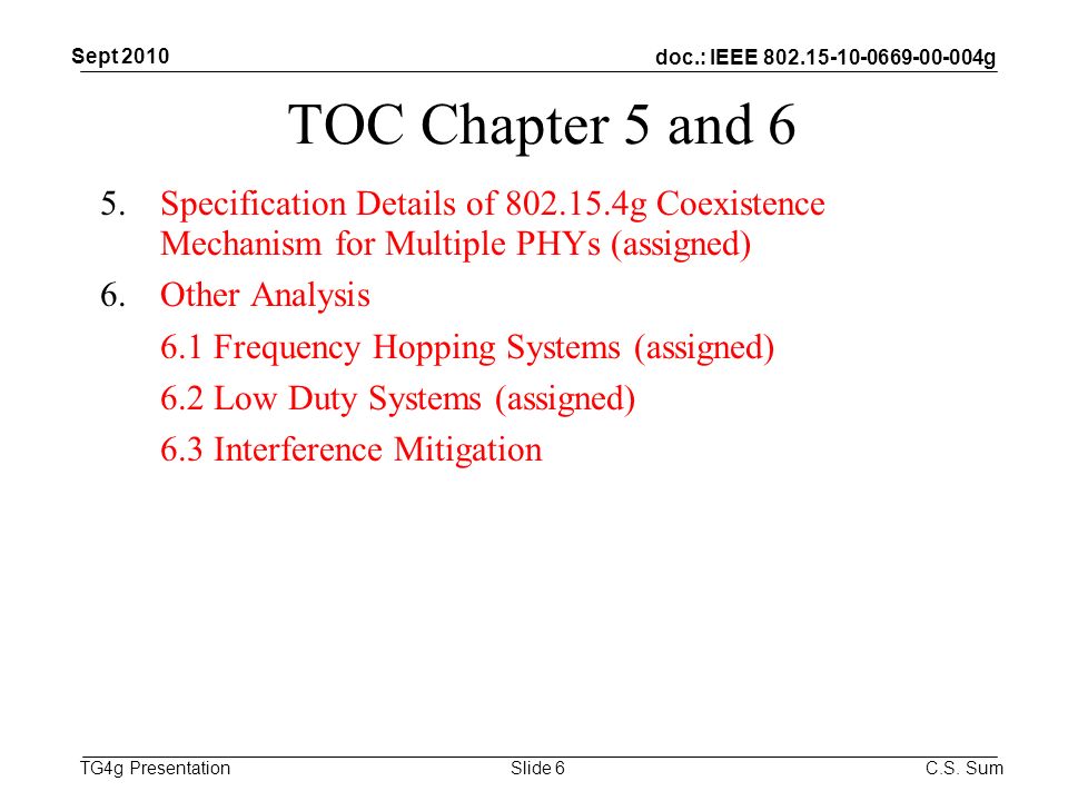doc.: IEEE g TG4g Presentation TOC Chapter 5 and 6 5.Specification Details of g Coexistence Mechanism for Multiple PHYs (assigned) 6.Other Analysis 6.1 Frequency Hopping Systems (assigned) 6.2 Low Duty Systems (assigned) 6.3 Interference Mitigation Sept 2010 C.S.