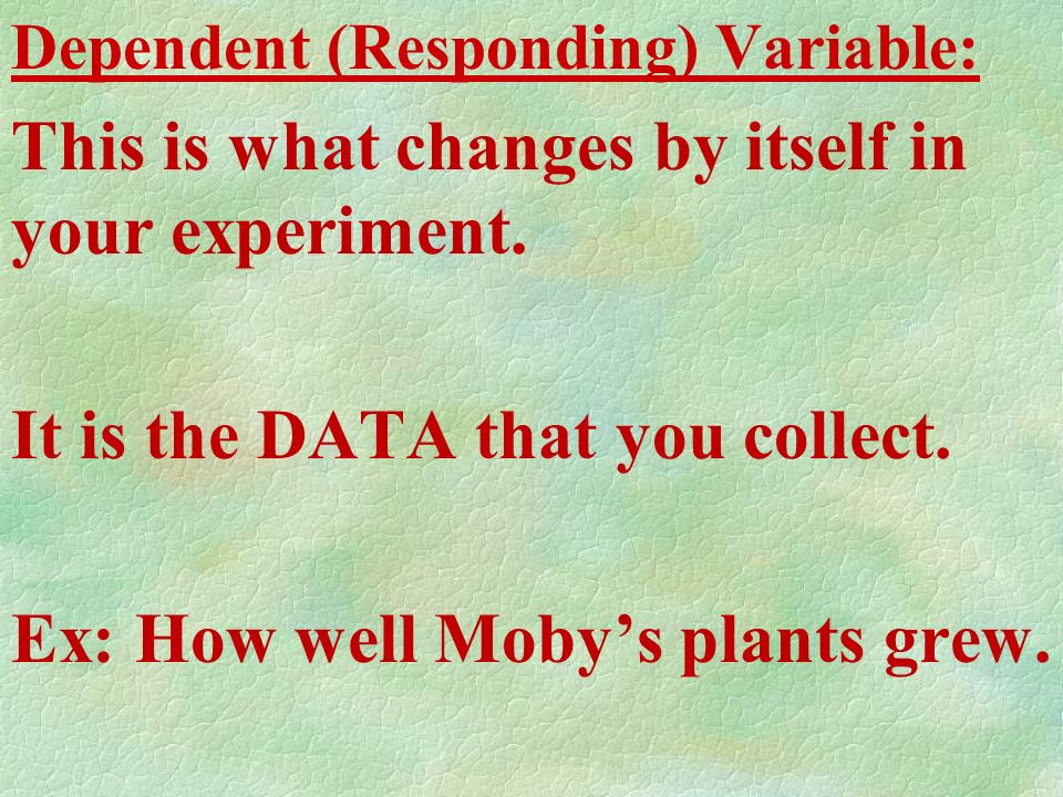 3 Types of Variables Independent (Manipulated) Variable: What is changed on purpose; only 1 in an experiment Ex: Moby changed how often he watered his plants.