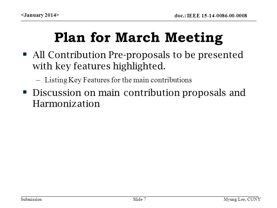 doc.: IEEE Submission Plan for March Meeting  All Contribution Pre-proposals to be presented with key features highlighted.