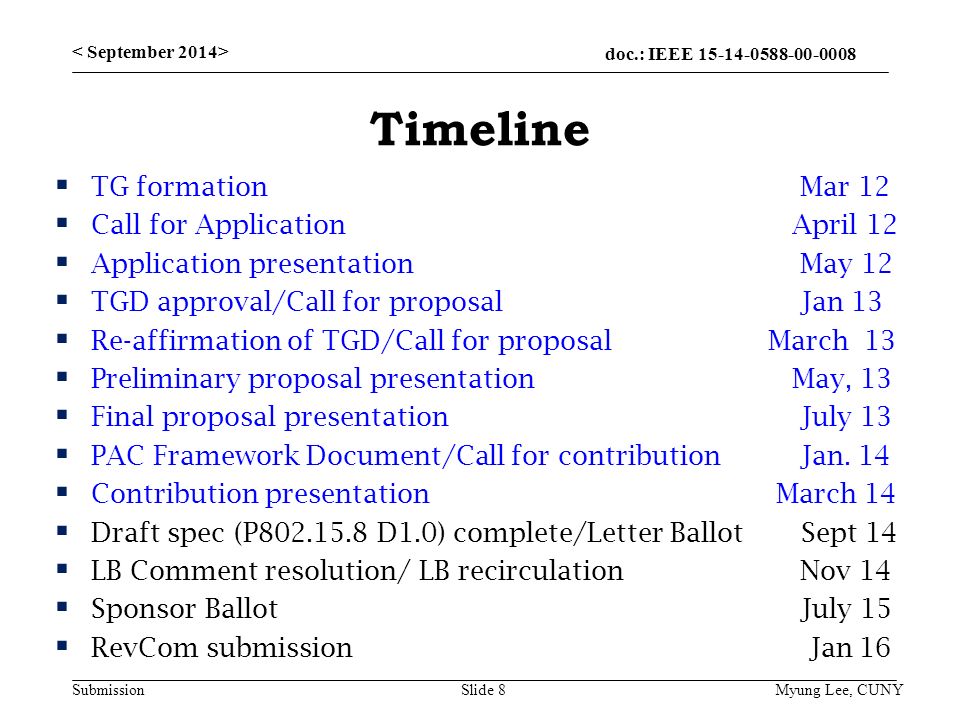 doc.: IEEE Submission Timeline  TG formation Mar 12  Call for Application April 12  Application presentation May 12  TGD approval/Call for proposal Jan 13  Re-affirmation of TGD/Call for proposal March 13  Preliminary proposal presentation May, 13  Final proposal presentation July 13  PAC Framework Document/Call for contribution Jan.
