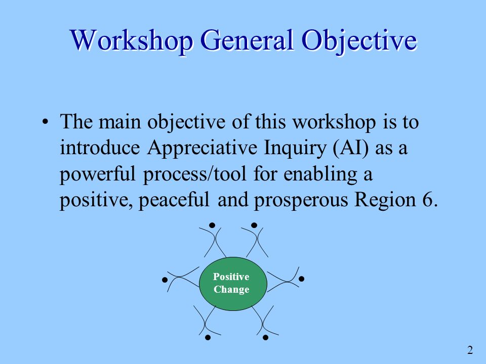 2 Workshop General Objective The main objective of this workshop is to introduce Appreciative Inquiry (AI) as a powerful process/tool for enabling a positive, peaceful and prosperous Region 6.
