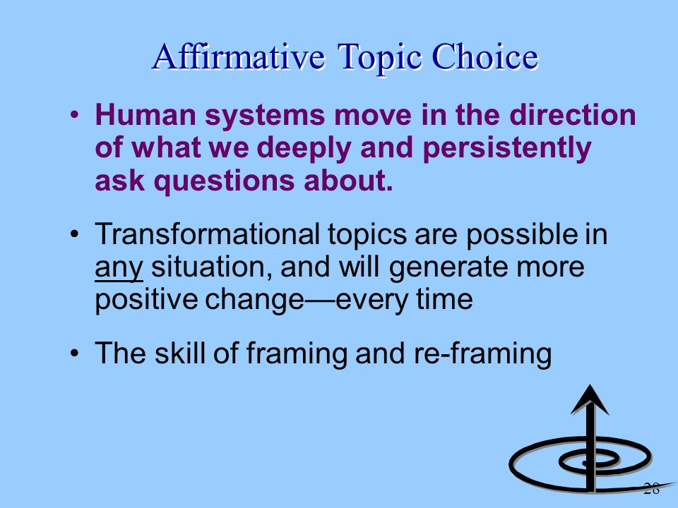 28 Affirmative Topic Choice Human systems move in the direction of what we deeply and persistently ask questions about.