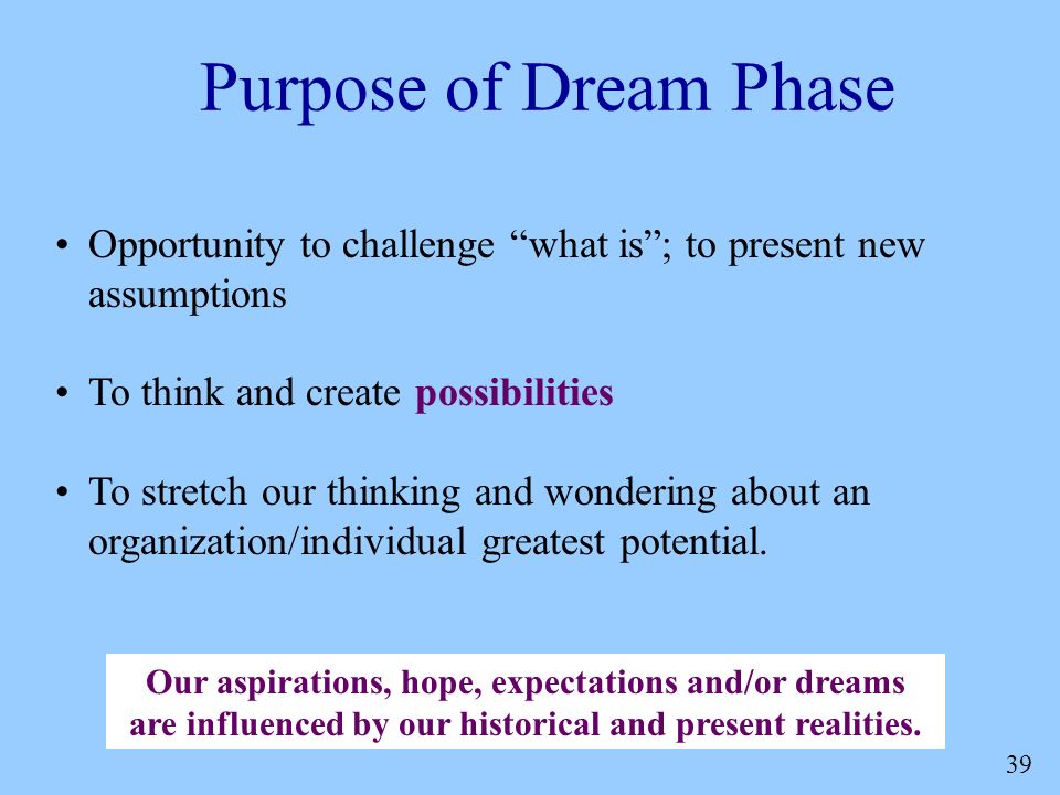39 Purpose of Dream Phase Opportunity to challenge what is ; to present new assumptions To think and create possibilities To stretch our thinking and wondering about an organization/individual greatest potential.