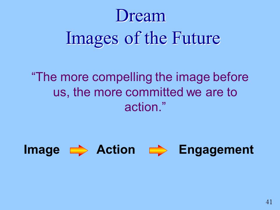 41 Dream Images of the Future The more compelling the image before us, the more committed we are to action. EngagementActionImage
