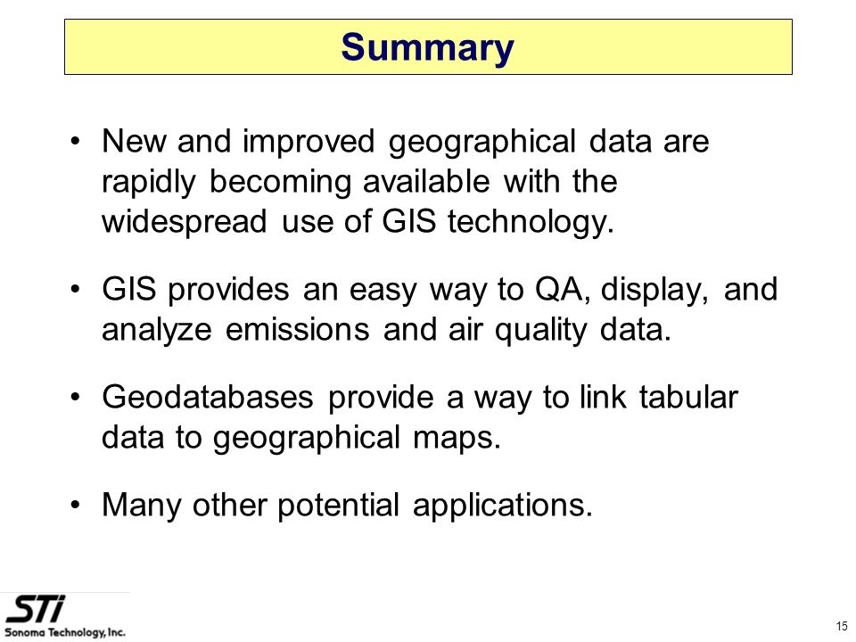 15 Summary New and improved geographical data are rapidly becoming available with the widespread use of GIS technology.