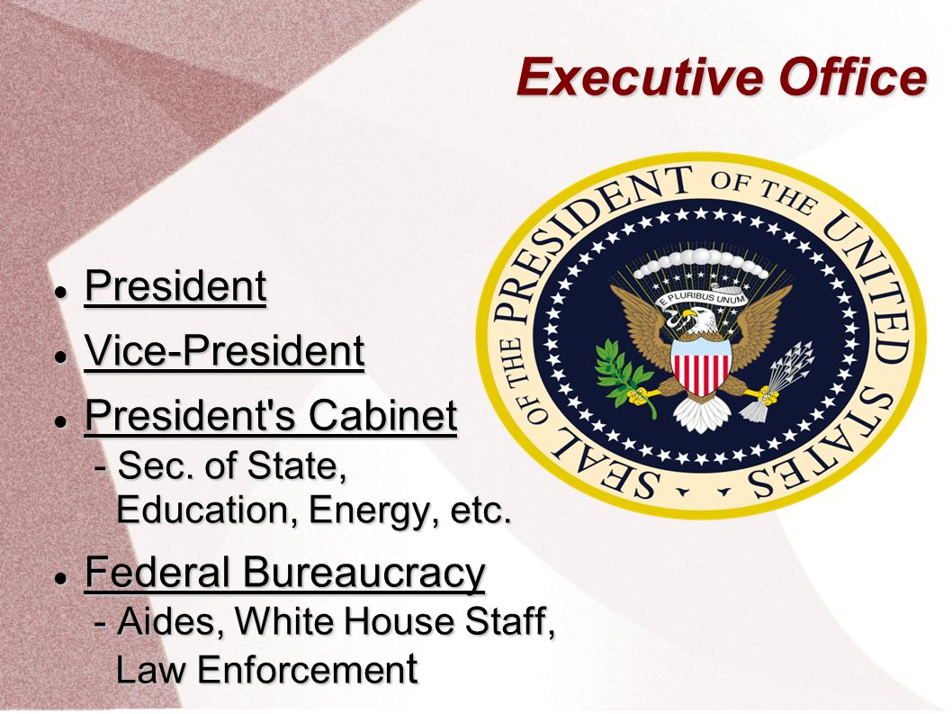 Executive Branch Executive Office President President Vice President Vice President President S Cabinet Sec Of State Education Energy Etc President S Ppt Download