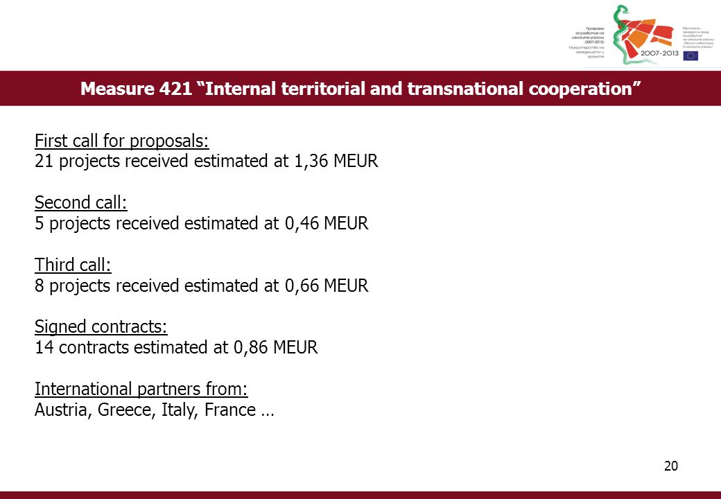Measure 421 Internal territorial and transnational cooperation 20 First call for proposals: 21 projects received estimated at 1,36 MEUR Second call: 5 projects received estimated at 0,46 MEUR Third call: 8 projects received estimated at 0,66 MEUR Signed contracts: 14 contracts estimated at 0,86 MEUR International partners from: Austria, Greece, Italy, France …