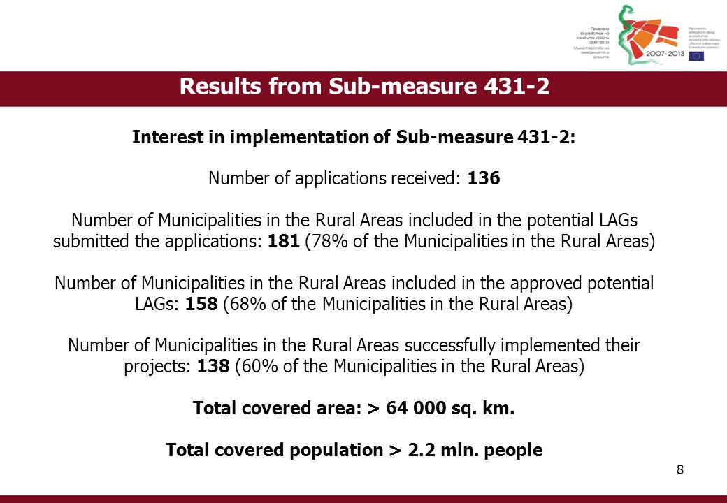 Results from Sub-measure Interest in implementation of Sub-measure 431-2: Number of applications received: 136 Number of Municipalities in the Rural Areas included in the potential LAGs submitted the applications: 181 (78% of the Municipalities in the Rural Areas) Number of Municipalities in the Rural Areas included in the approved potential LAGs: 158 (68% of the Municipalities in the Rural Areas) Number of Municipalities in the Rural Areas successfully implemented their projects: 138 (60% of the Municipalities in the Rural Areas) Total covered area: > sq.