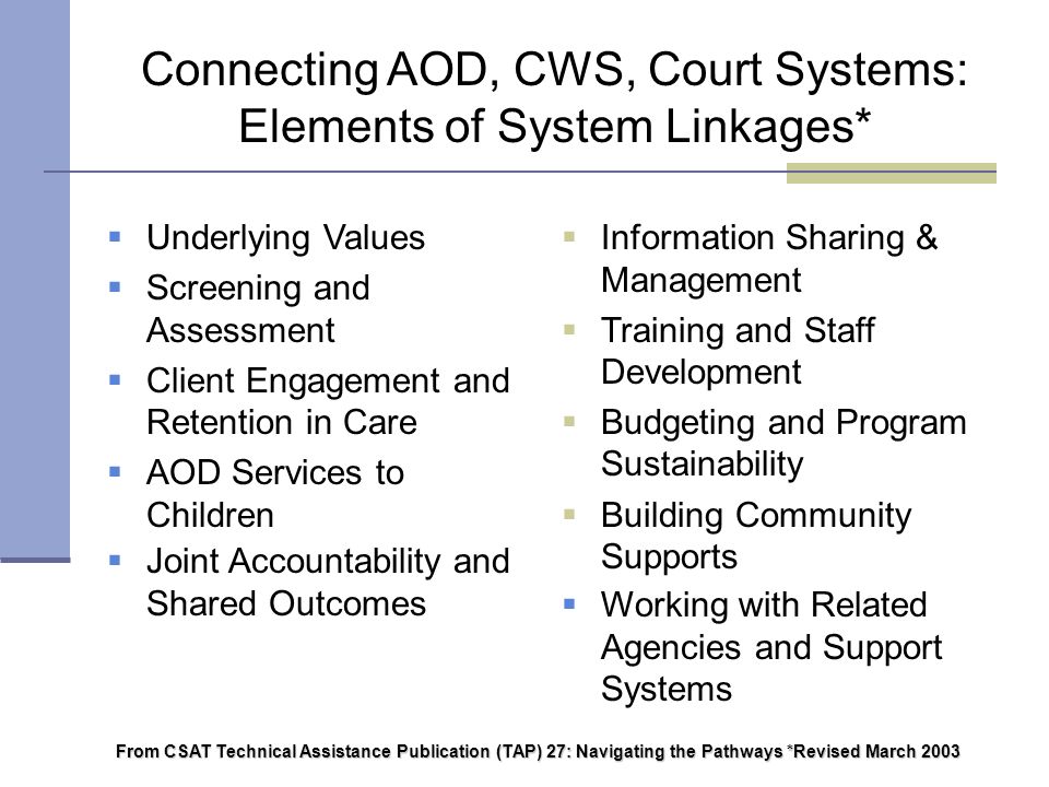  Information Sharing & Management  Training and Staff Development  Budgeting and Program Sustainability  Building Community Supports Connecting AOD, CWS, Court Systems: Elements of System Linkages* From CSAT Technical Assistance Publication (TAP) 27: Navigating the Pathways *Revised March 2003  Underlying Values  Screening and Assessment  Client Engagement and Retention in Care  AOD Services to Children  Joint Accountability and Shared Outcomes  Working with Related Agencies and Support Systems