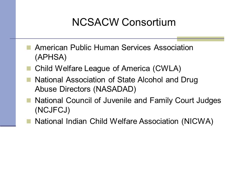 NCSACW Consortium American Public Human Services Association (APHSA) Child Welfare League of America (CWLA) National Association of State Alcohol and Drug Abuse Directors (NASADAD) National Council of Juvenile and Family Court Judges (NCJFCJ) National Indian Child Welfare Association (NICWA)