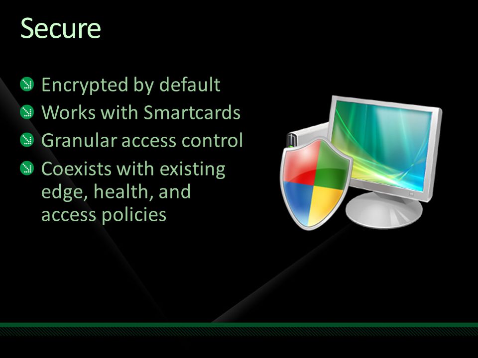 Secure Encrypted by default Works with Smartcards Granular access control Coexists with existing edge, health, and access policies