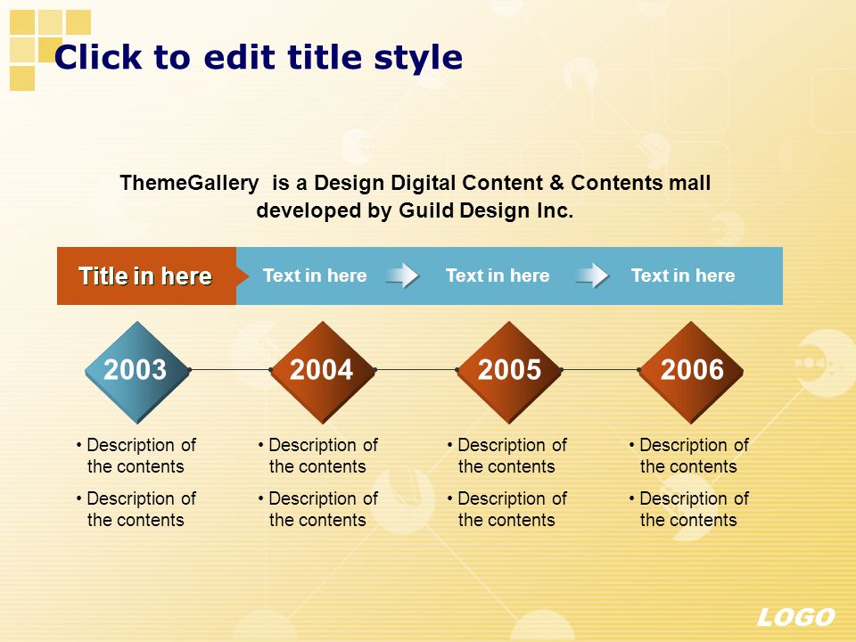 LOGO Text in here Title in here Text in here Description of the contents ThemeGallery is a Design Digital Content & Contents mall developed by Guild Design Inc.