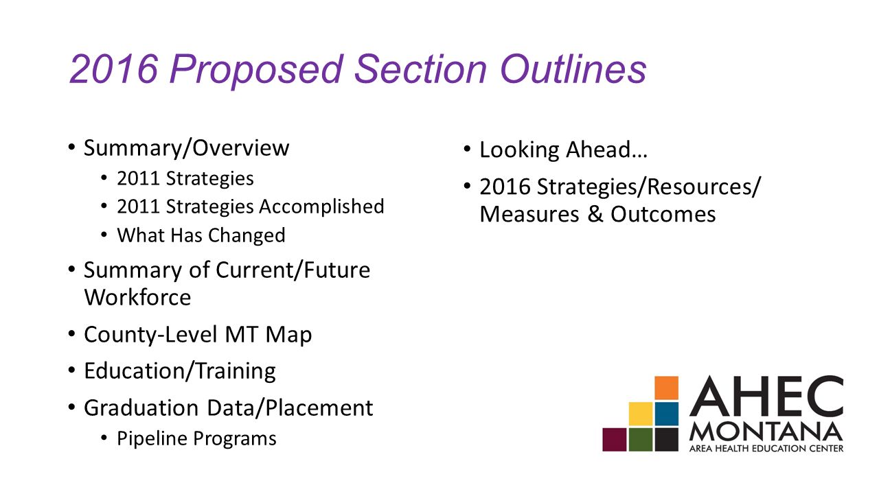 2016 Proposed Section Outlines Summary/Overview 2011 Strategies 2011 Strategies Accomplished What Has Changed Summary of Current/Future Workforce County-Level MT Map Education/Training Graduation Data/Placement Pipeline Programs Looking Ahead… 2016 Strategies/Resources/ Measures & Outcomes