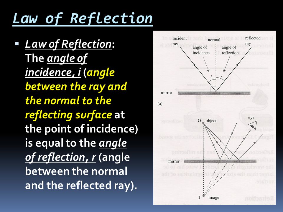 Law of Reflection  Law of Reflection: The angle of incidence, i (angle between the ray and the normal to the reflecting surface at the point of incidence) is equal to the angle of reflection, r (angle between the normal and the reflected ray).