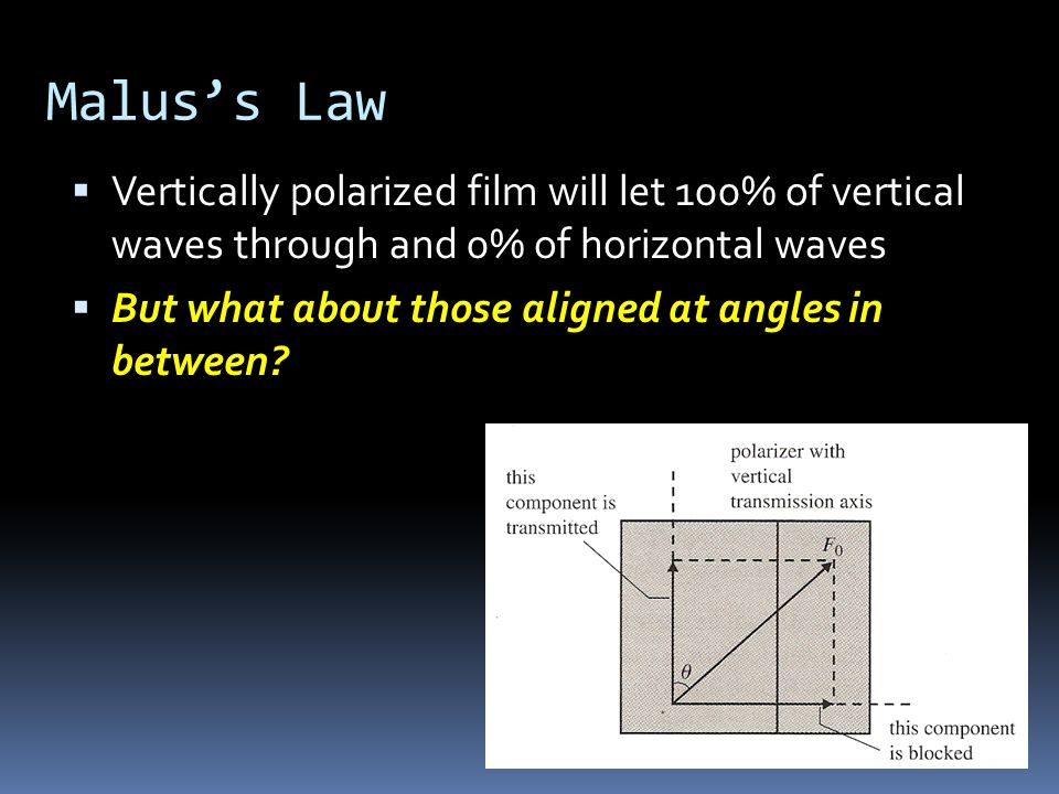 Malus’s Law  Vertically polarized film will let 100% of vertical waves through and 0% of horizontal waves  But what about those aligned at angles in between