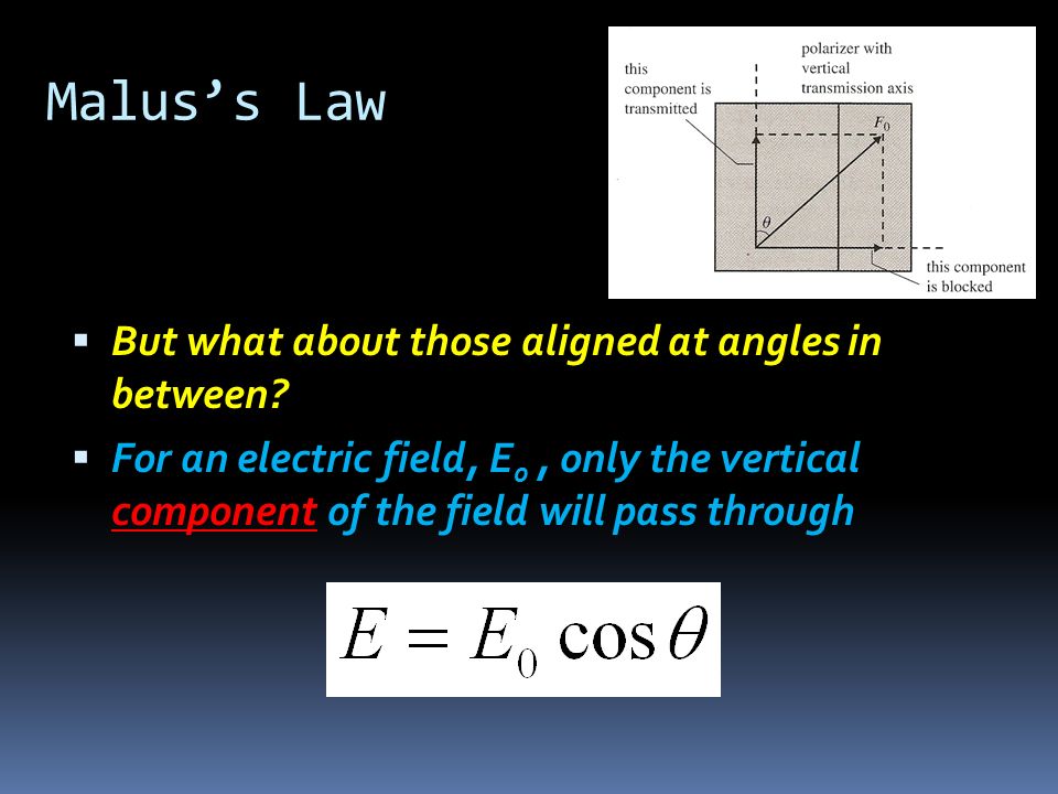 Malus’s Law  But what about those aligned at angles in between.