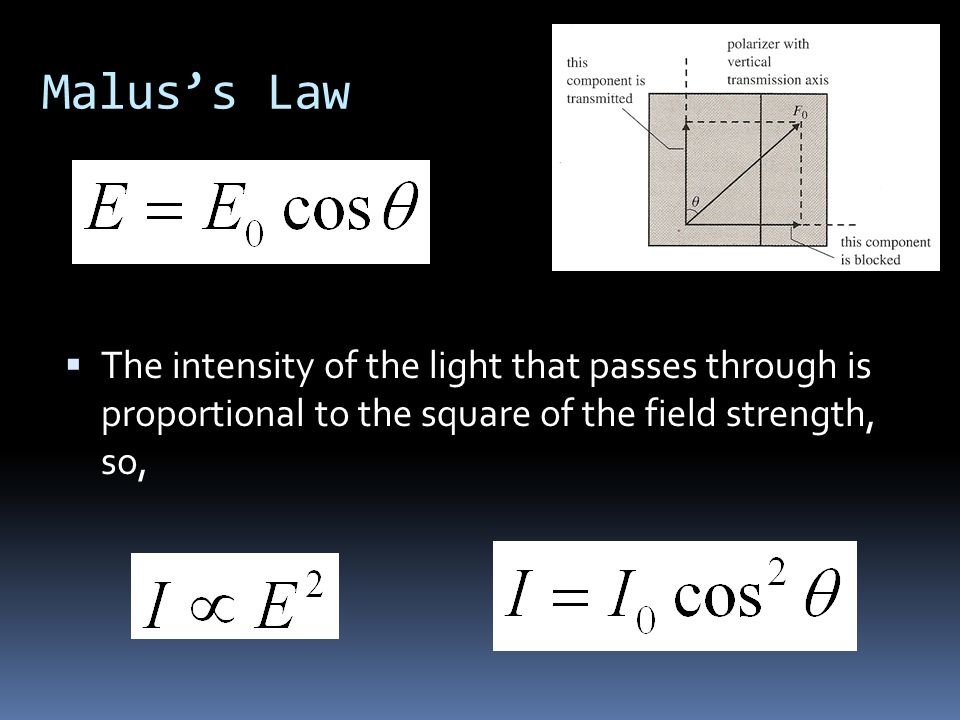 Malus’s Law  The intensity of the light that passes through is proportional to the square of the field strength, so,