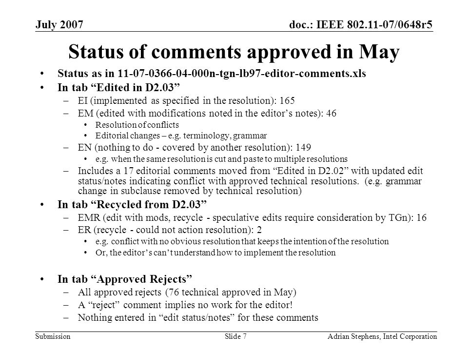 doc.: IEEE /0648r5 Submission July 2007 Adrian Stephens, Intel CorporationSlide 7 Status of comments approved in May Status as in n-tgn-lb97-editor-comments.xls In tab Edited in D2.03 –EI (implemented as specified in the resolution): 165 –EM (edited with modifications noted in the editor’s notes): 46 Resolution of conflicts Editorial changes – e.g.