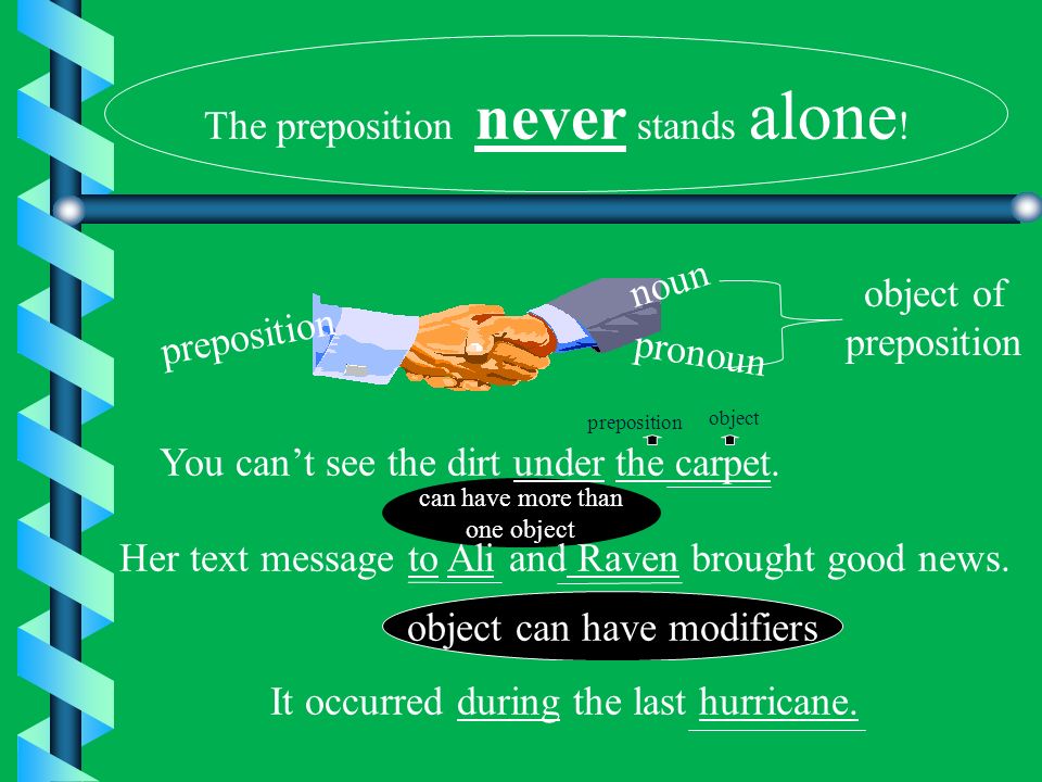 A preposition introduces a noun or pronoun, or a phrase or clause functioning in the sentence as a noun.