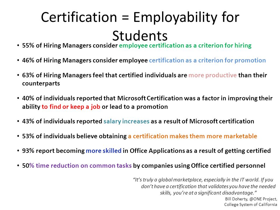 Certification = Employability for Students 55% of Hiring Managers consider employee certification as a criterion for hiring 46% of Hiring Managers consider employee certification as a criterion for promotion 63% of Hiring Managers feel that certified individuals are more productive than their counterparts 40% of individuals reported that Microsoft Certification was a factor in improving their ability to find or keep a job or lead to a promotion 43% of individuals reported salary increases as a result of Microsoft certification 53% of individuals believe obtaining a certification makes them more marketable 93% report becoming more skilled in Office Applications as a result of getting certified 50% time reduction on common tasks by companies using Office certified personnel It’s truly a global marketplace, especially in the IT world.