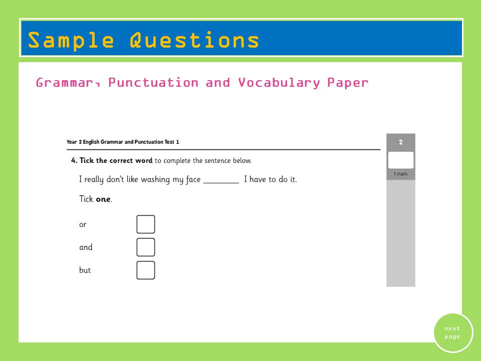 Grammar, Punctuation and Vocabulary Paper Sample Questions next page