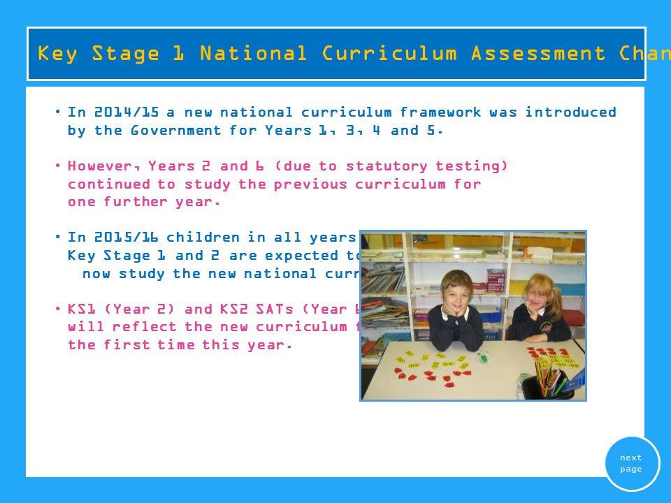 In 2014/15 a new national curriculum framework was introduced by the government for Years 1, 3, 4 and 5.