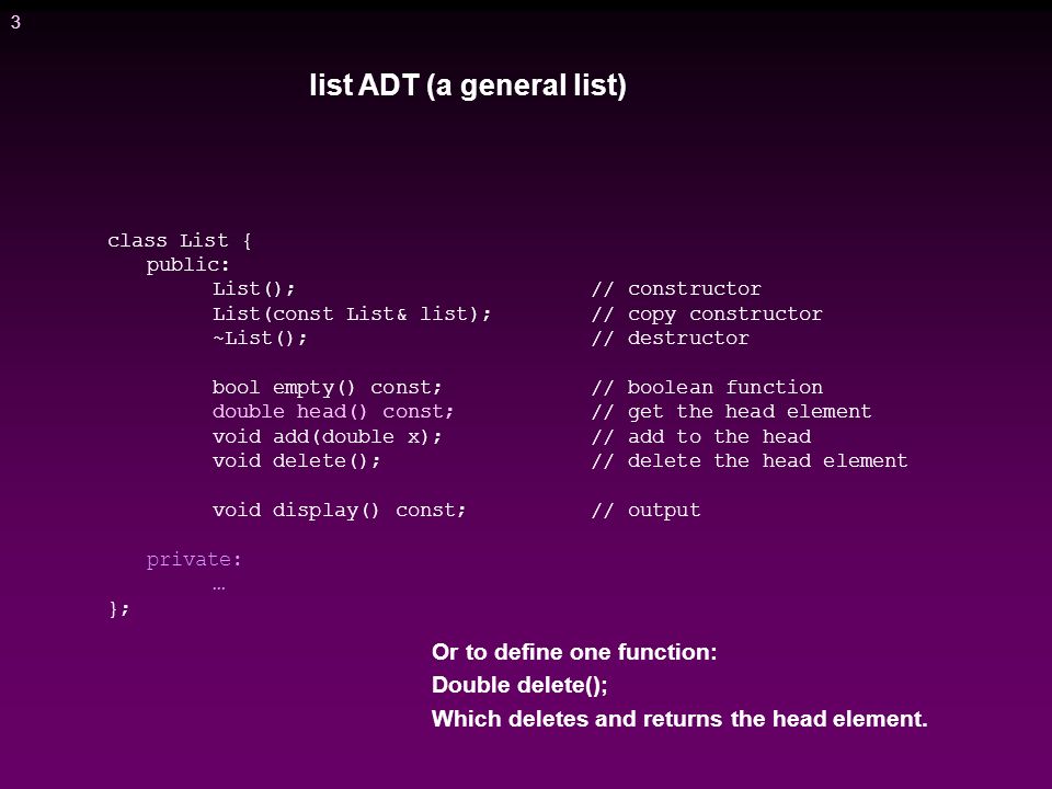 Lists, Stacks and Queues. 2 struct Node{ double data; Node* next ...
