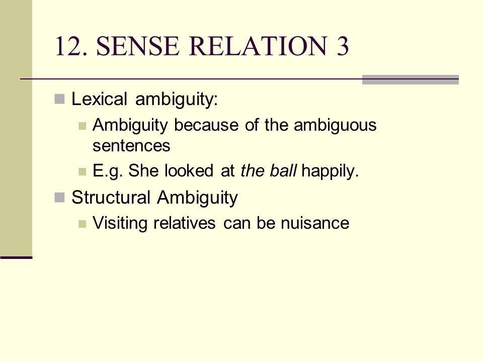 12. SENSE RELATION 3 Objective : Students are able to apply the notion of  ambiguity in their daily communication Topics: Lexical Ambiguity  Grammatical. - ppt download