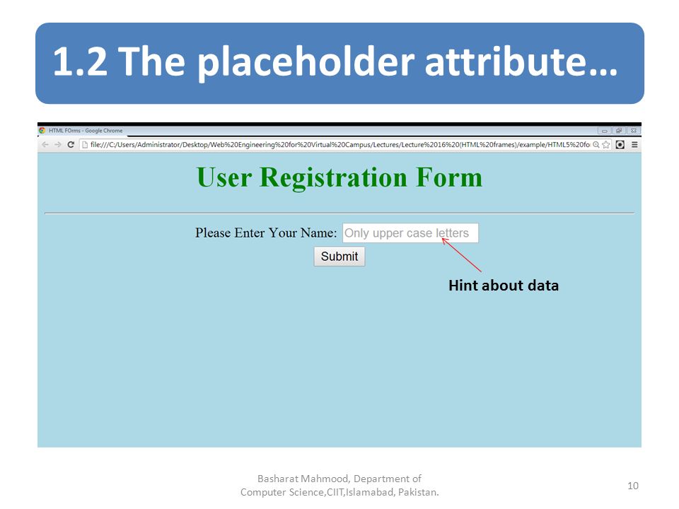 1.2 The placeholder attribute… Basharat Mahmood, Department of Computer Science,CIIT,Islamabad, Pakistan.