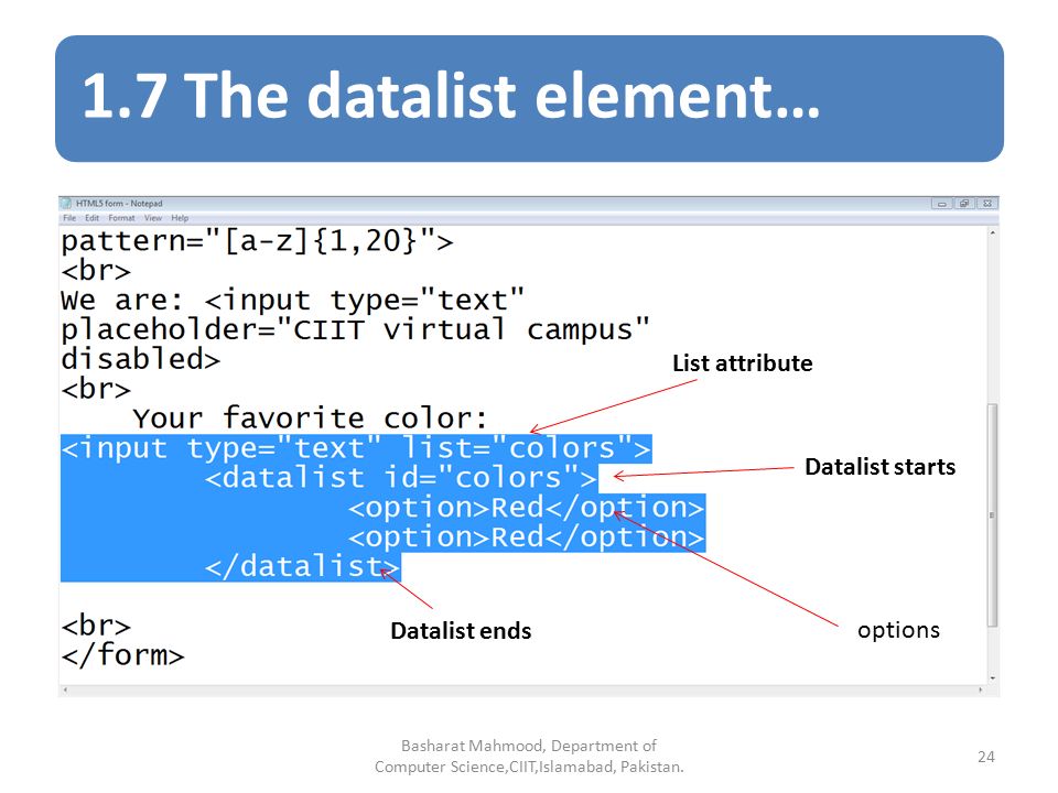 1.7 The datalist element… Basharat Mahmood, Department of Computer Science,CIIT,Islamabad, Pakistan.