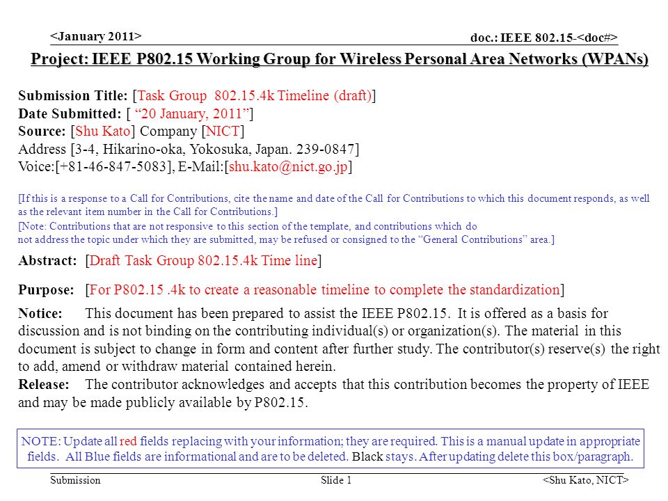 doc.: IEEE Submission Slide 1 NOTE: Update all red fields replacing with your information; they are required.