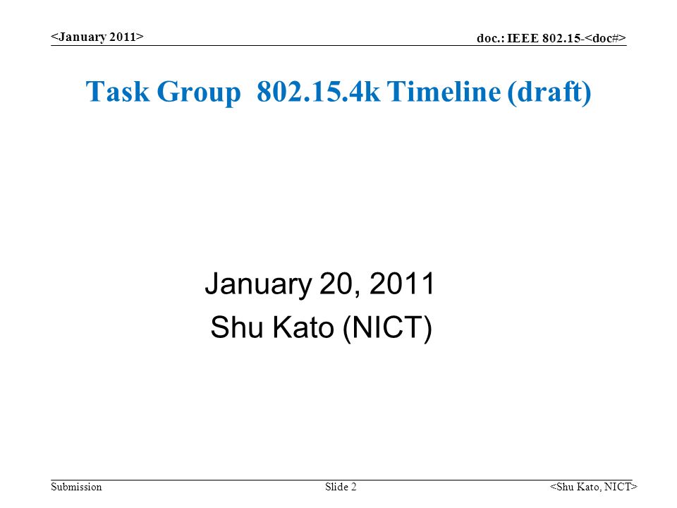 doc.: IEEE Submission Task Group k Timeline (draft) January 20, 2011 Shu Kato (NICT) Slide 2