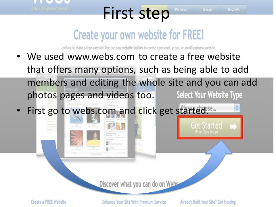 Create stage We used   to create a free website that offers many options, such as being able to add members and editing the whole site and you can add photos pages and videos too.