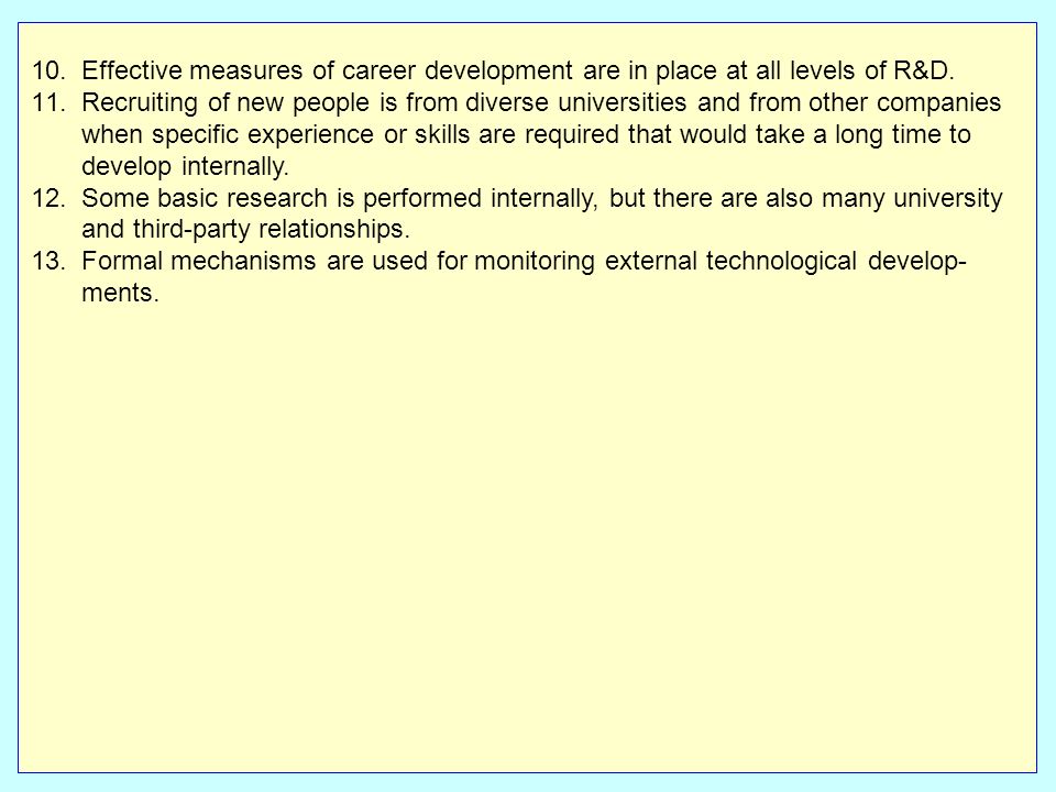 10.Effective measures of career development are in place at all levels of R&D.