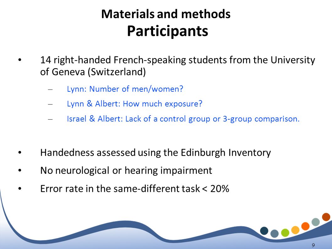 9 Materials and methods Participants 14 right-handed French-speaking students from the University of Geneva (Switzerland) – Lynn: Number of men/women.