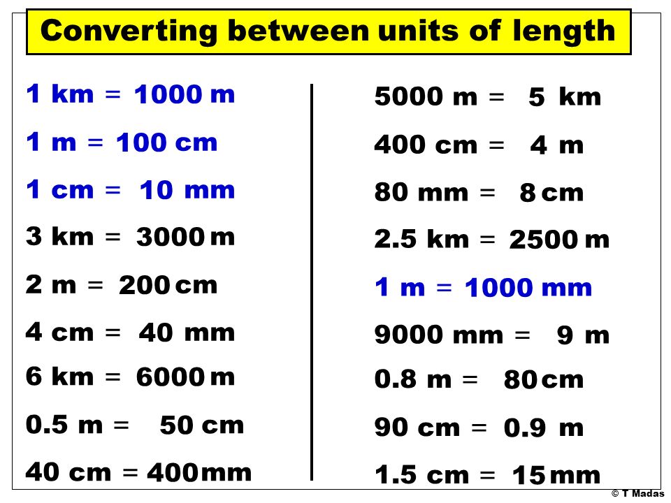 T Madas. 1 m = cm 100 1 cm = mm 10 1 km = m 1000 2 m = cm 200 4 cm = mm 40  3 km = m 3000 0.5 m = cm 50 40 cm = mm 400 6 km = m 6000 400 cm = m 4 80. -  ppt download