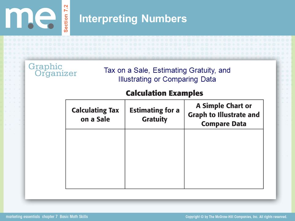 Interpreting Numbers Tax on a Sale, Estimating Gratuity, and Illustrating or Comparing Data Section 7.2
