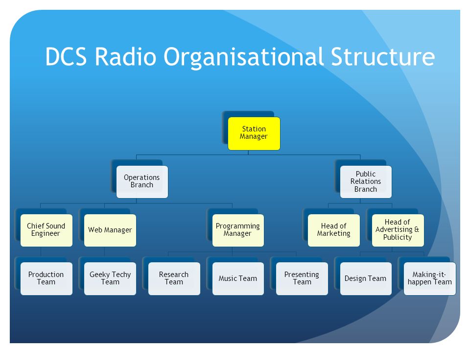 DCS Radio Organisational Structure. DCS Radio Organisational Structure  Station Manager Operations Branch Chief Sound Engineer Production Team Web  Manager. - ppt download