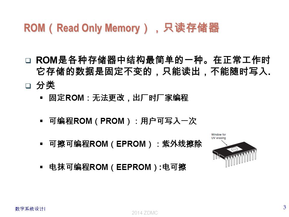 数字系统设计 I ZDMC ROM （ Read Only Memory ），只读存储器  ROM 是各种存储器中结构最简单的一种。在正常工作时 它存储的数据是固定不变的，只能读出，不能随时写入.