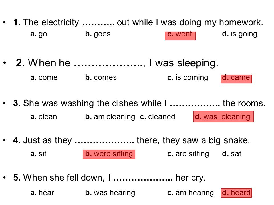 Worksheet 3 Q U E S T I O N S A N S W E R S 1 The Electricity Out While I Was Doing My Homework A Go B Goes C Went D Is Going 2 When Ppt Download