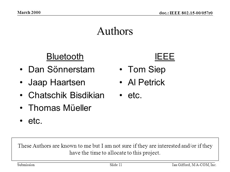 doc.: IEEE /057r0 Submission March 2000 Ian Gifford, M/A-COM, Inc.Slide 11 Authors Bluetooth Dan Sönnerstam Jaap Haartsen Chatschik Bisdikian Thomas Müeller etc.