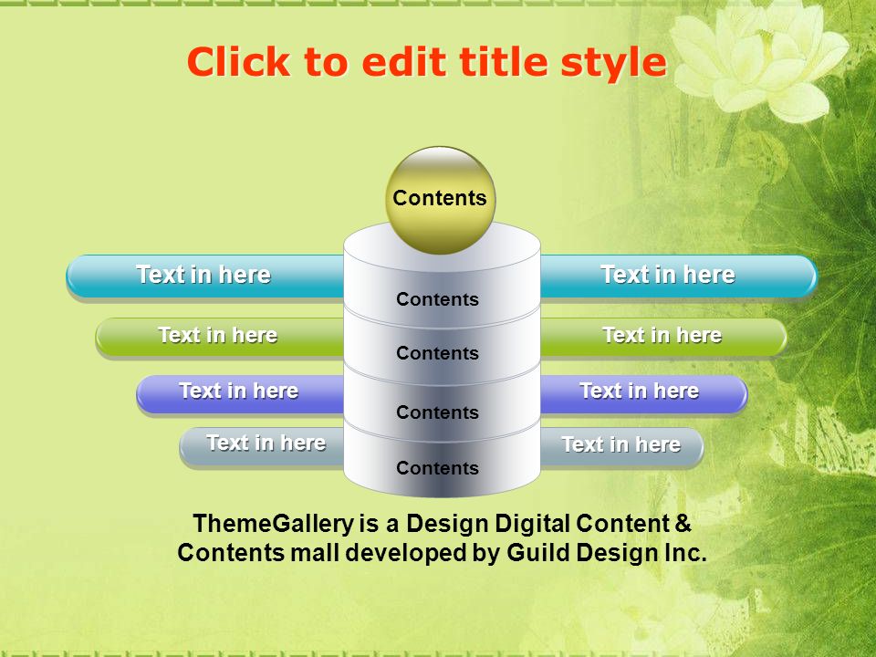Click to edit title style Text in here Contents ThemeGallery is a Design Digital Content & Contents mall developed by Guild Design Inc.