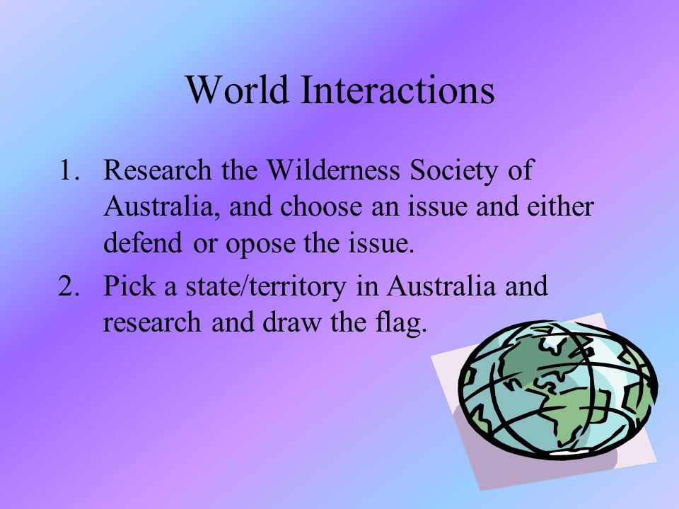 World Interactions 1.Research the Wilderness Society of Australia, and choose an issue and either defend or opose the issue.