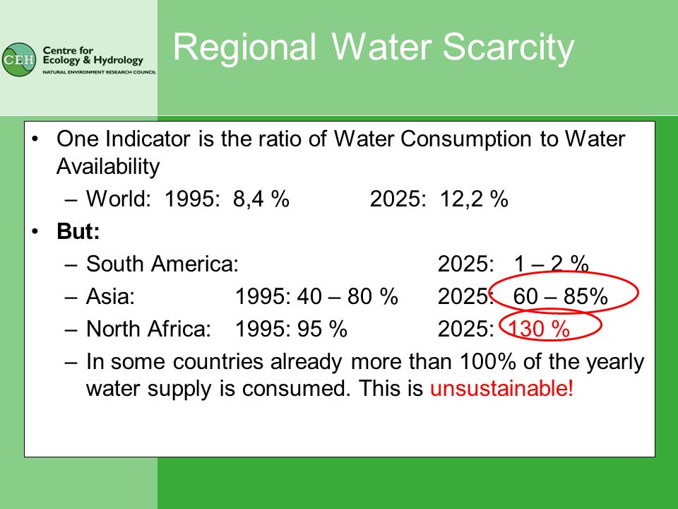 Regional Water Scarcity One Indicator is the ratio of Water Consumption to Water Availability –World: 1995: 8,4 %2025: 12,2 % But: –South America:2025: 1 – 2 % –Asia: 1995: 40 – 80 %2025: 60 – 85% –North Africa: 1995: 95 %2025: 130 % –In some countries already more than 100% of the yearly water supply is consumed.